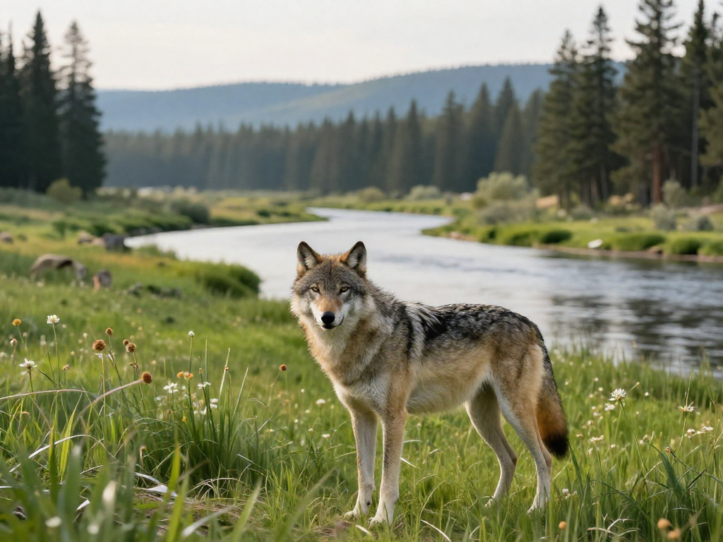 A gray wolf standing beside a river in a green Yellowstone valley