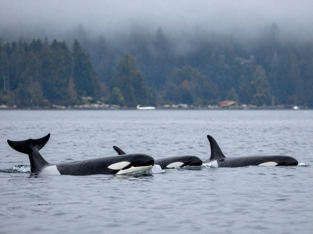 A pod of orcas swimming in coastal waters, with a forested shoreline in the background.