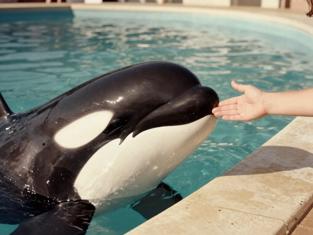 A historic photo of an orca named Namu gently touching a human hand in a marine park.