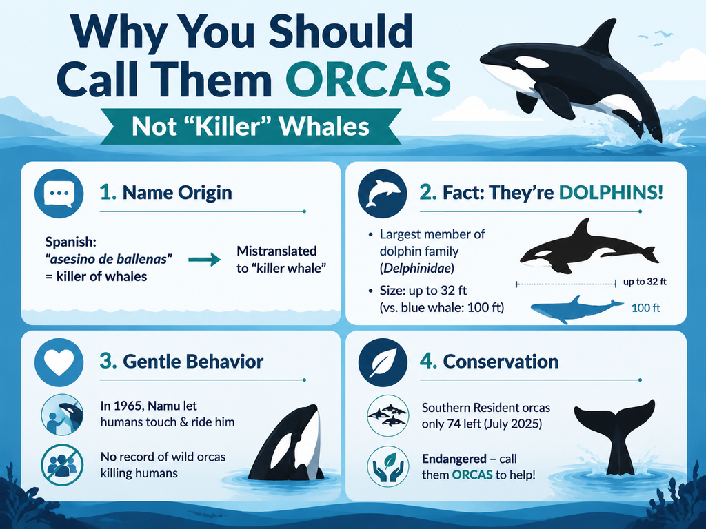 Infographic explaining why the term 'killer whale' is misleading. It shows the name's Spanish origin 'asesino de ballenas' meaning killer of whales, mistranslated to killer whale. It notes orcas are actually the largest dolphin species, reaching up to 32 feet, much smaller than blue whales. It highlights their gentle nature with example of Namu in 1965, and conservation status of Southern Resident orcas at 74 individuals. Encourages using 'orca' instead.