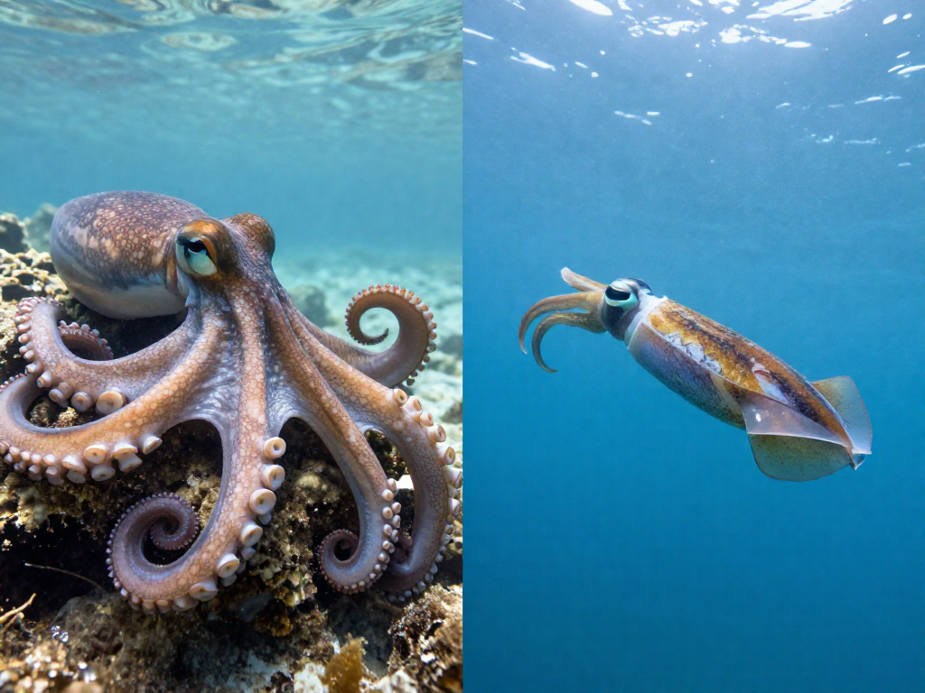 Split underwater photo comparing a real octopus on a reef with a squid swimming in open water