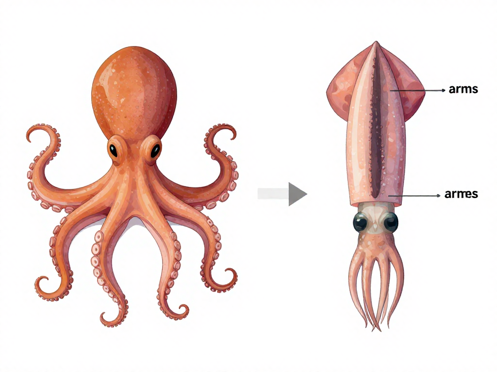 Labeled diagram showing octopus and squid anatomy including arms, tentacles, mantle, and fins