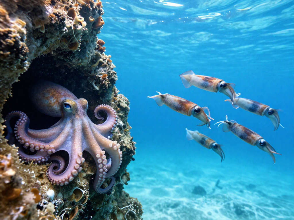 Photo comparison of an octopus hiding in a rocky den beside a school of squid in open water
