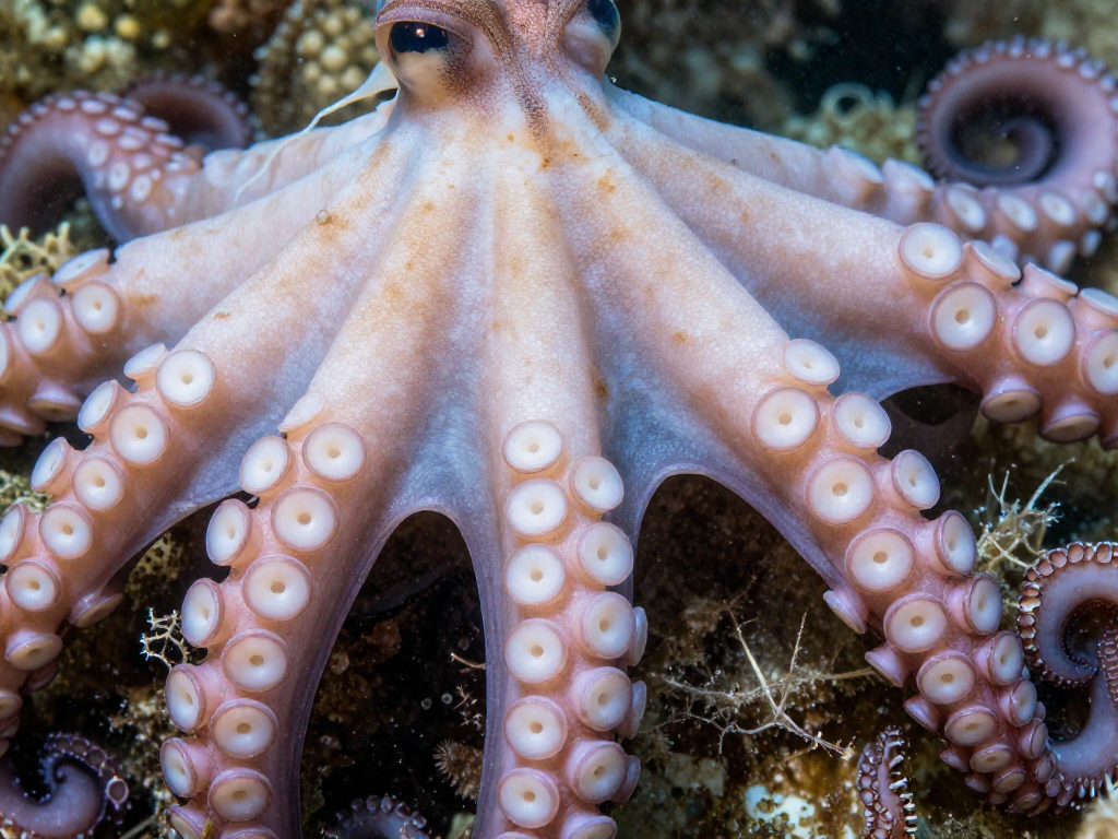 Macro close-up comparing octopus round suckers with a squid's clubbed tentacle tip