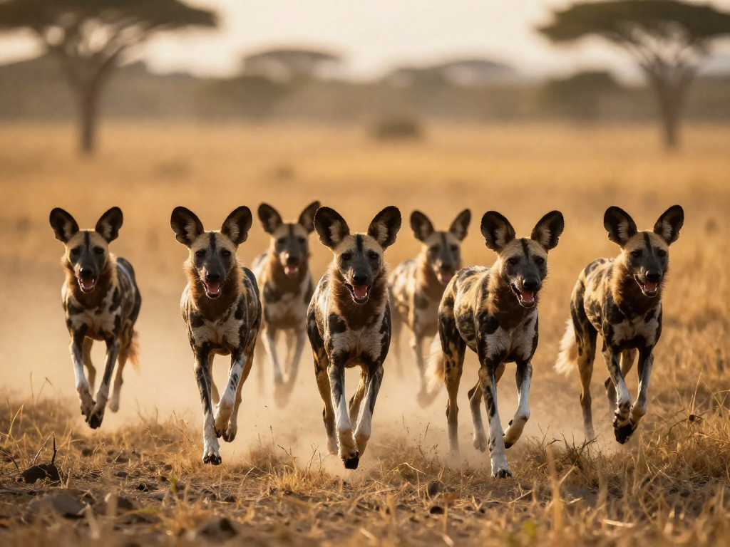 A pack of African wild dogs sprinting across dry grass, kicking up dust.