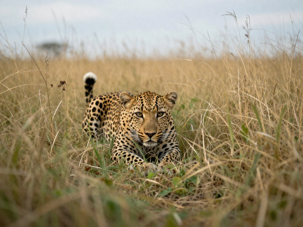 A leopard crouching in tall golden grass, eyes fixed forward.