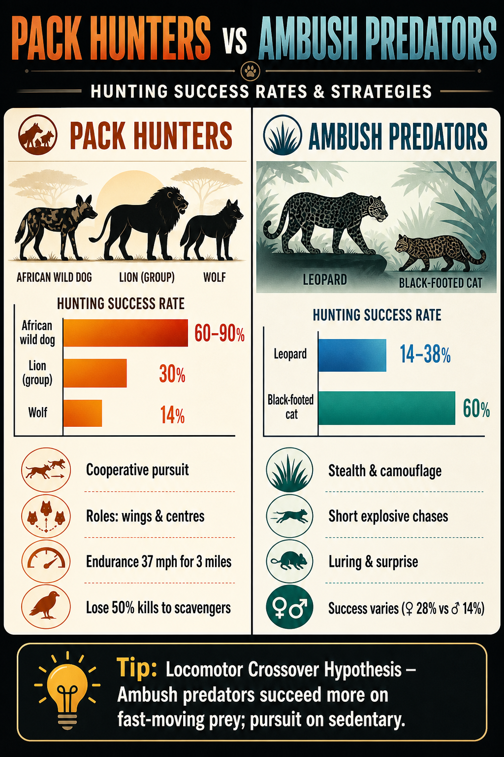 Infographic comparing hunting strategies and success rates of pack hunters (African wild dog, lion, wolf) versus ambush predators (leopard, black-footed cat). Includes bar charts with percentages, icons, and strategy descriptions. Features the locomotor crossover hypothesis.
