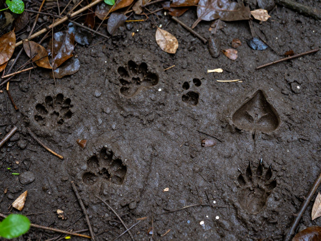 A close-up of several animal tracks pressed into muddy soil and leaves, showing distinct shapes from raccoon, deer, rabbit, squirrel, and fox.