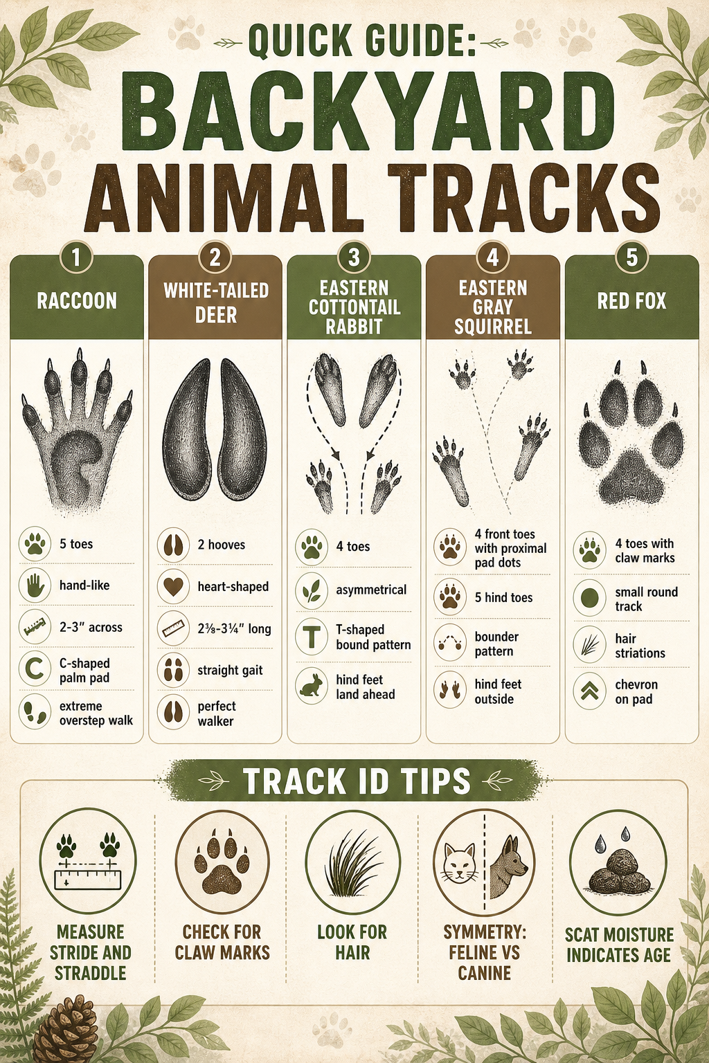 Infographic showing quick identification guide for common backyard animal tracks including raccoon, deer, rabbit, squirrel, and red fox with key features, sizes, and gait patterns, plus general tracking tips.