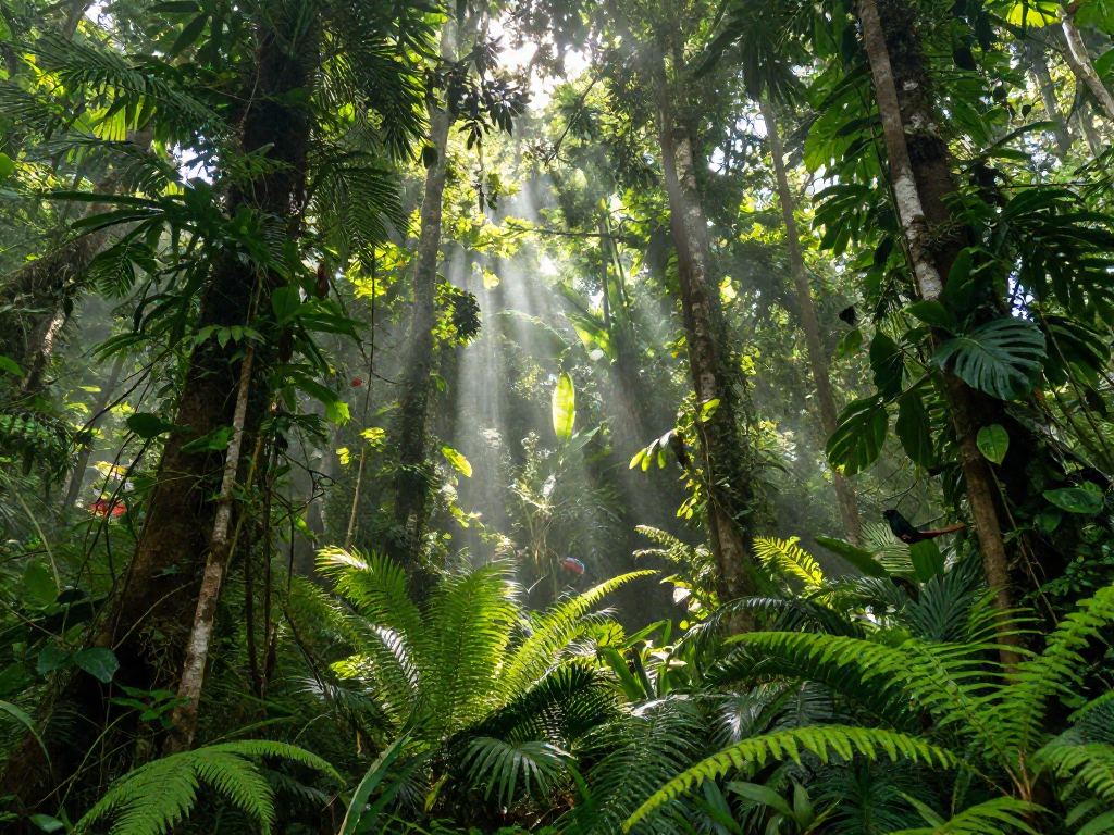 Sunlight streaming through a lush green rainforest canopy full of life