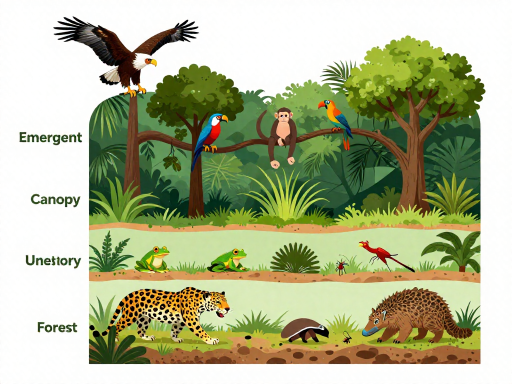 Labeled diagram of the four rainforest layers with animals living in each