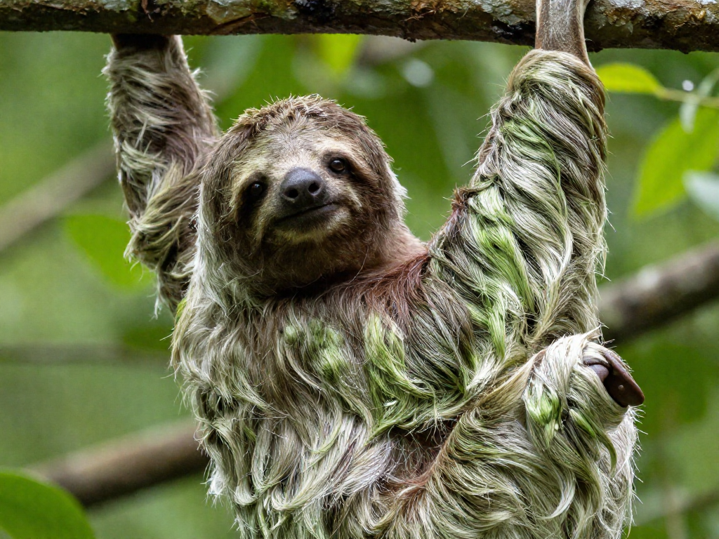 Close-up of a three-toed sloth with algae-green tinted fur on a branch