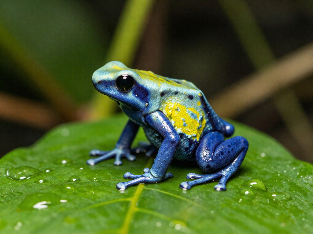 Vibrant blue and yellow poison dart frog sitting on a green leaf