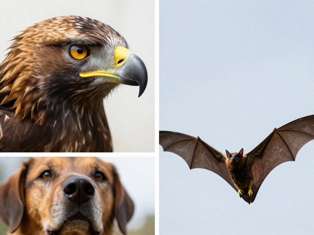Collage of a golden eagle's eye, a dog's nose, and a bat in flight showcasing super animal senses