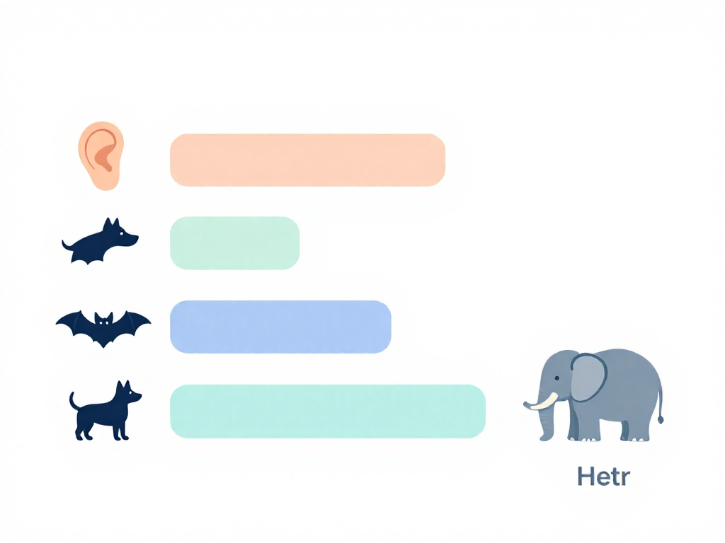 Infographic comparing the hearing frequency ranges of humans, dogs, bats, and elephants