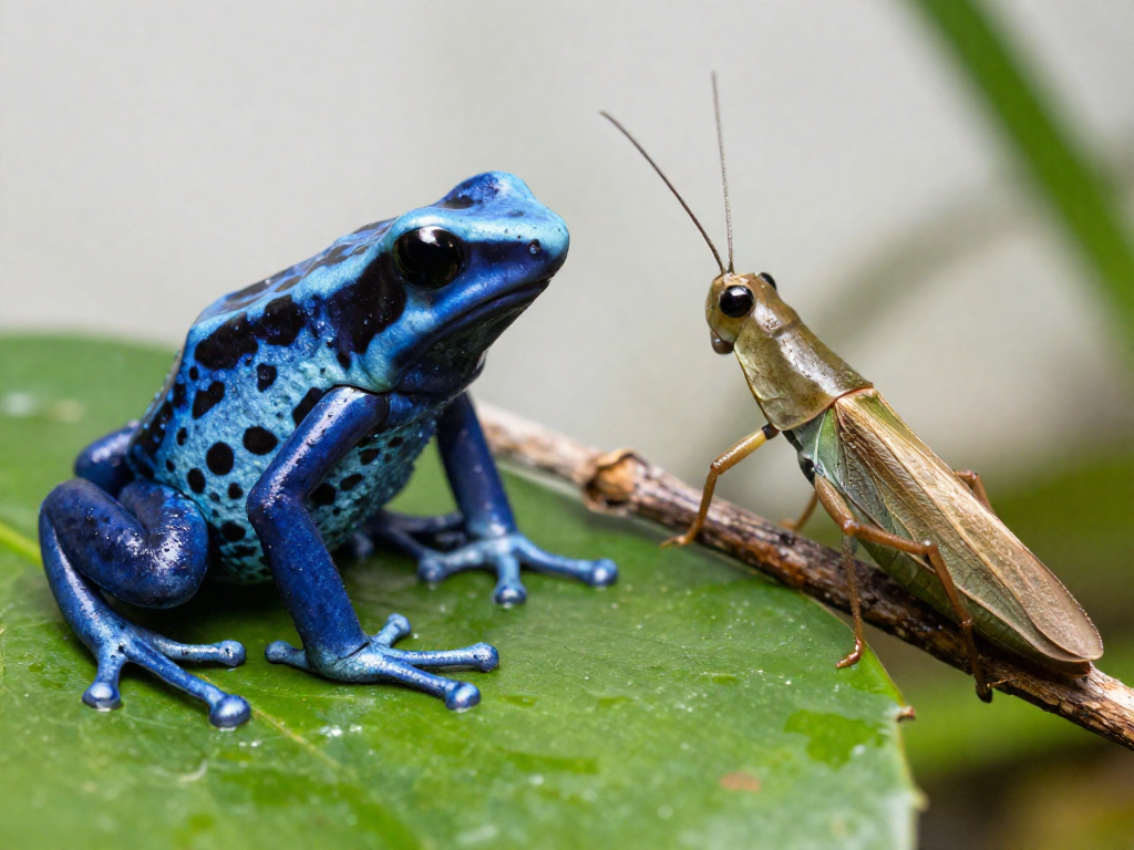 A bright blue poison dart frog beside a camouflaged brown stick insect on foliage
