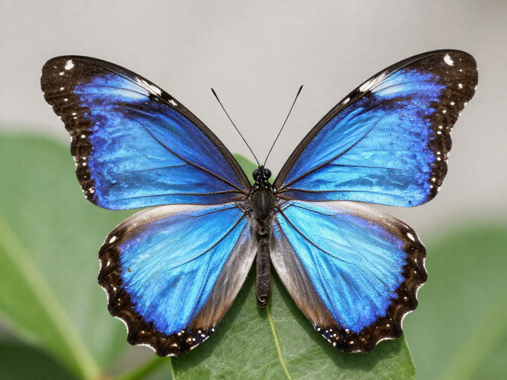 Close-up of a Morpho butterfly showing brilliant iridescent blue wings