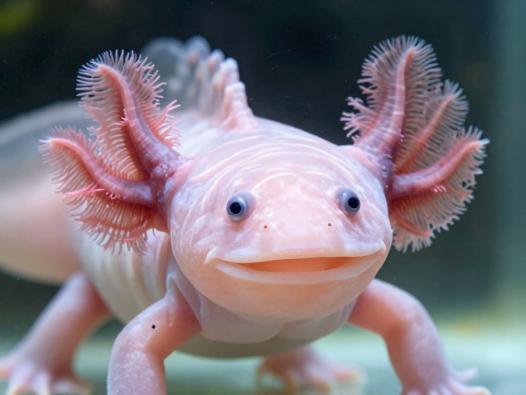 Close-up of a pink axolotl appearing to smile with feathery pink gills underwater