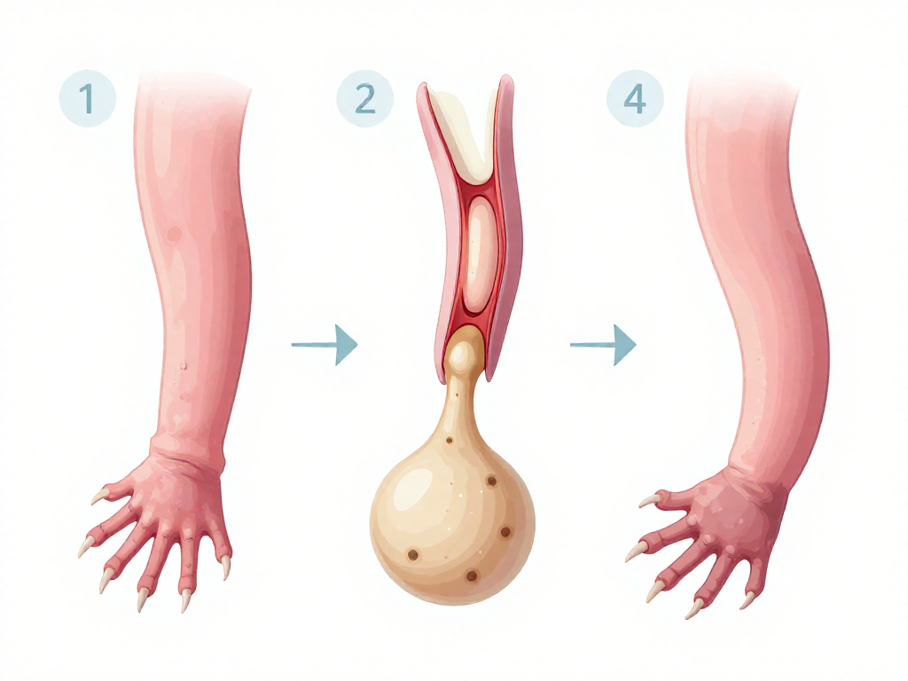 Four-stage illustration of an axolotl regenerating a lost limb through a blastema