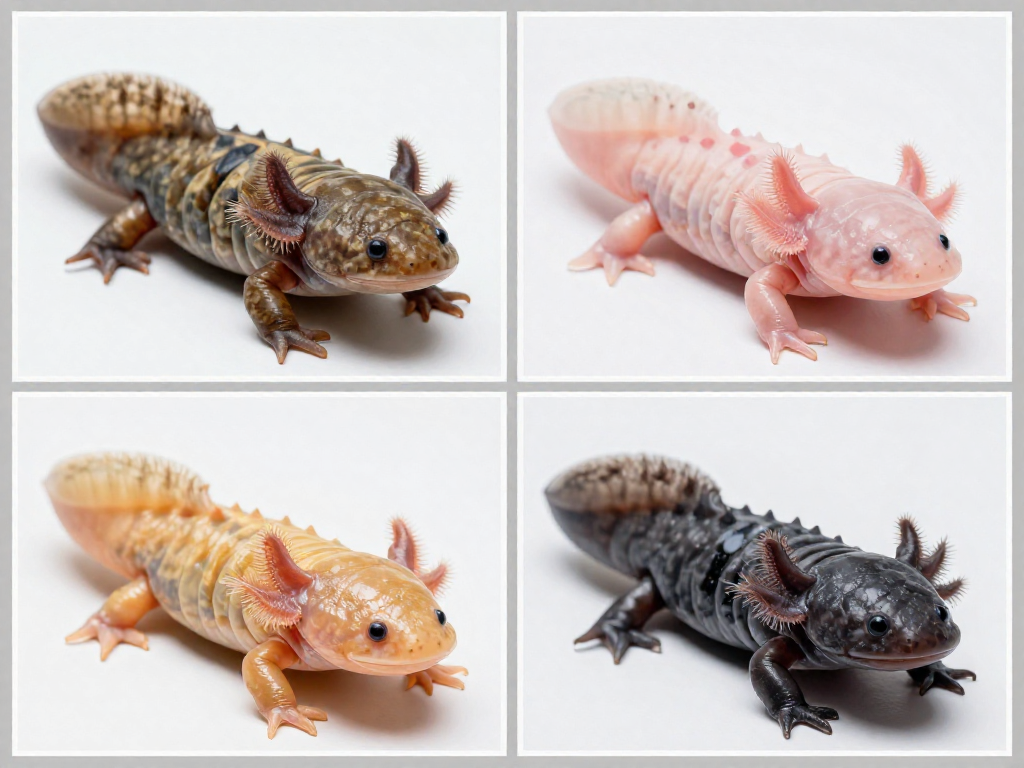 Grid comparing wild brown, leucistic, golden, and melanoid axolotl color morphs