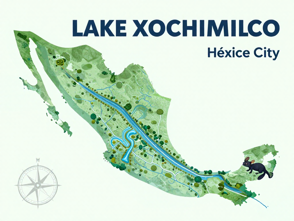 Illustrated map of Lake Xochimilco showing the axolotl's shrinking habitat