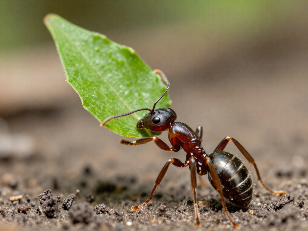 Close-up of a leafcutter ant carrying a green leaf fragment far larger than its own body