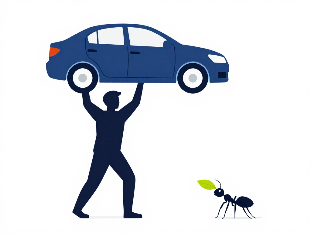 Comparison graphic showing a person lifting a car alongside an ant lifting a leaf