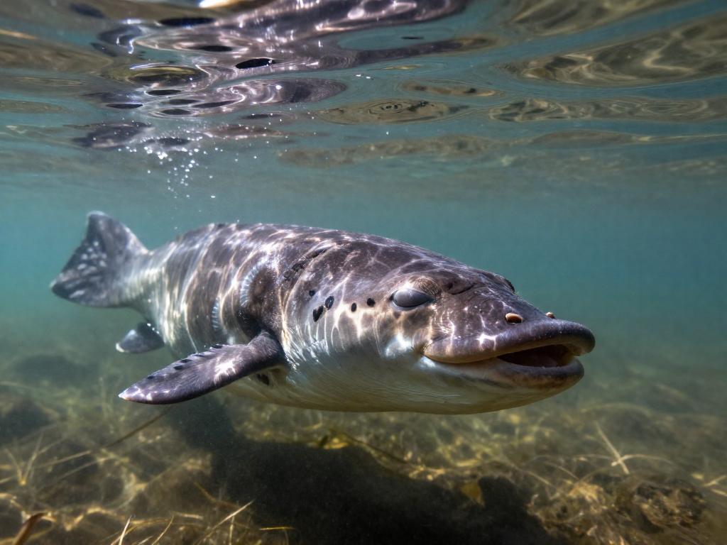 A platypus swims underwater with its eyes closed, using its sensitive bill to navigate.