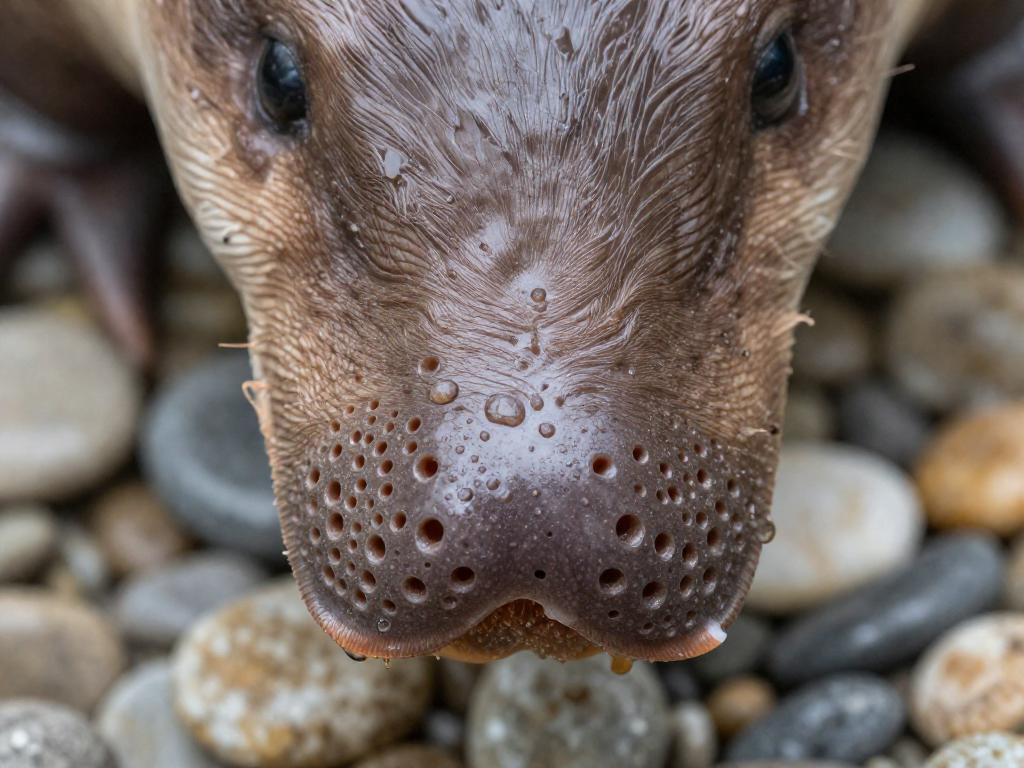 Extreme close-up of a platypus bill showing sensory pores used to detect prey underwater.