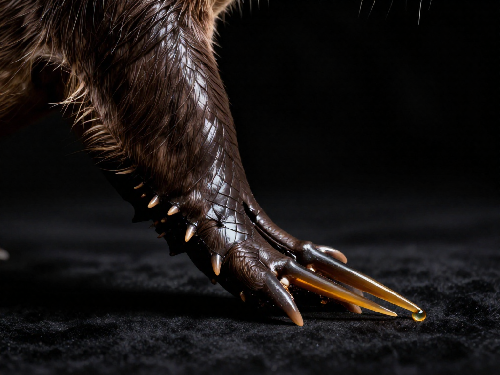 Close-up of a platypus's hind foot with a sharp venomous spur, a rare defense mechanism.