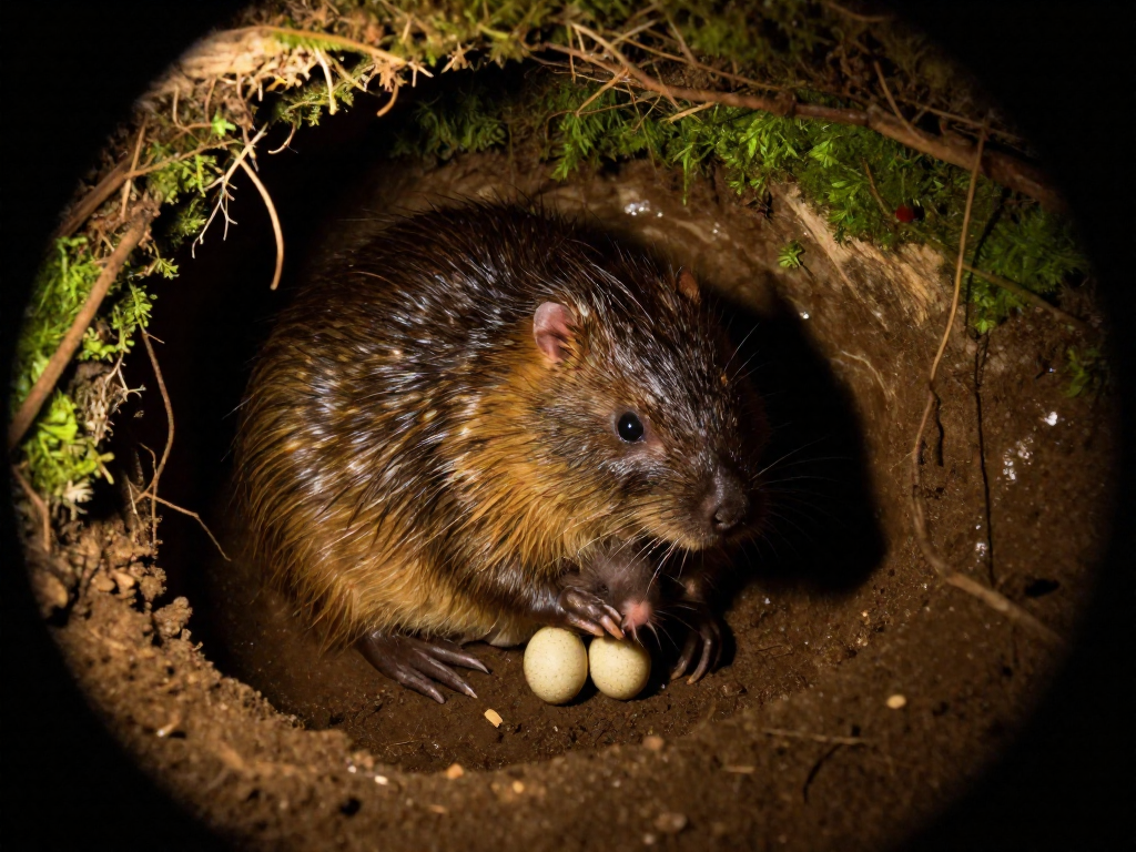 Inside a dark burrow, a mother platypus curls around her eggs and a tiny newborn puggle.