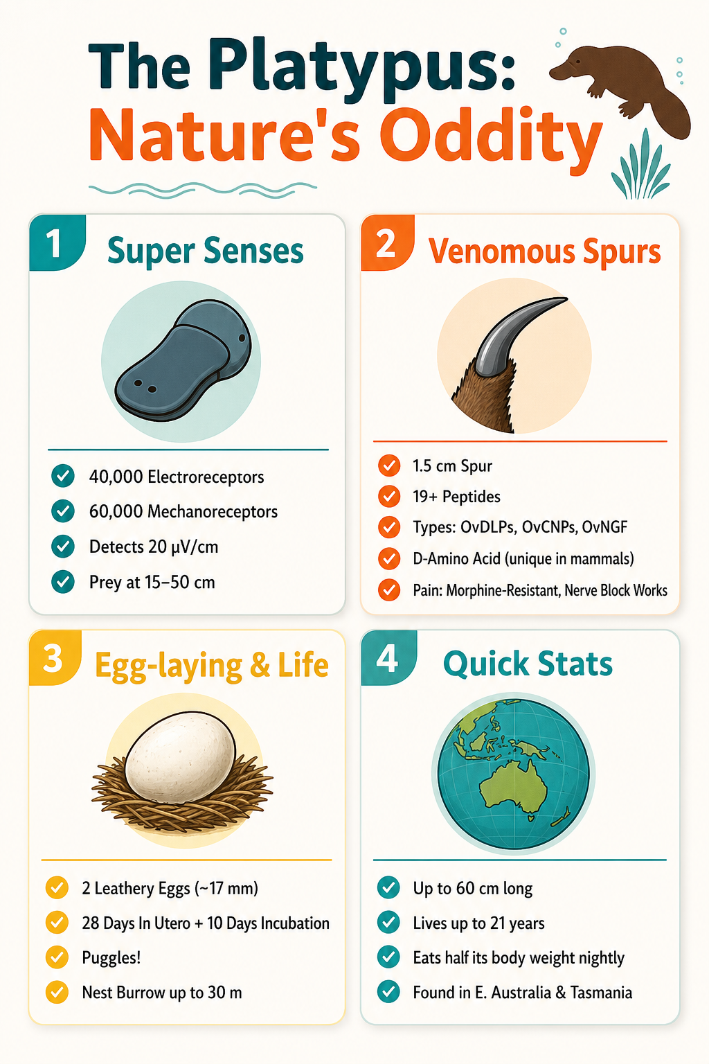 Infographic titled 'The Platypus: Nature's Oddity' summarizing key facts about the platypus, including its 40,000 electroreceptors, 60,000 mechanoreceptors, sensitivity to 20 µV/cm, venomous spur with 19+ peptides and D-amino acid, egg-laying of two leathery eggs with 28-day gestation and 10-day incubation, burrow length up to 30 meters, lifespan up to 21 years, and distribution in eastern Australia and Tasmania.