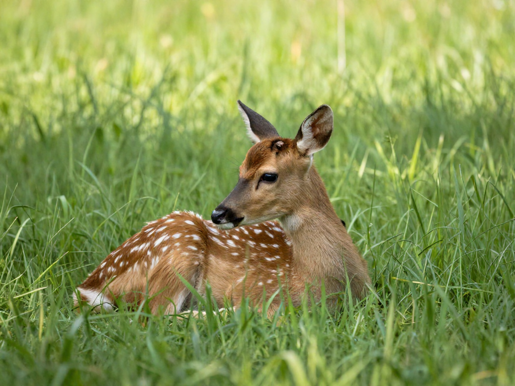 A young deer fawn curled up alone and resting in tall sunlit grass, a normal and healthy scene