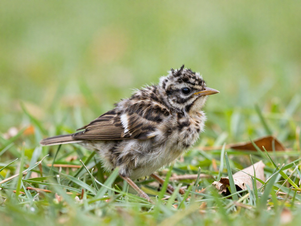 A fluffy young fledgling bird hopping on the ground, a normal stage of development