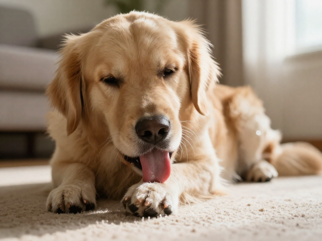 A golden retriever dog lying on a rug, intently licking its front paw.