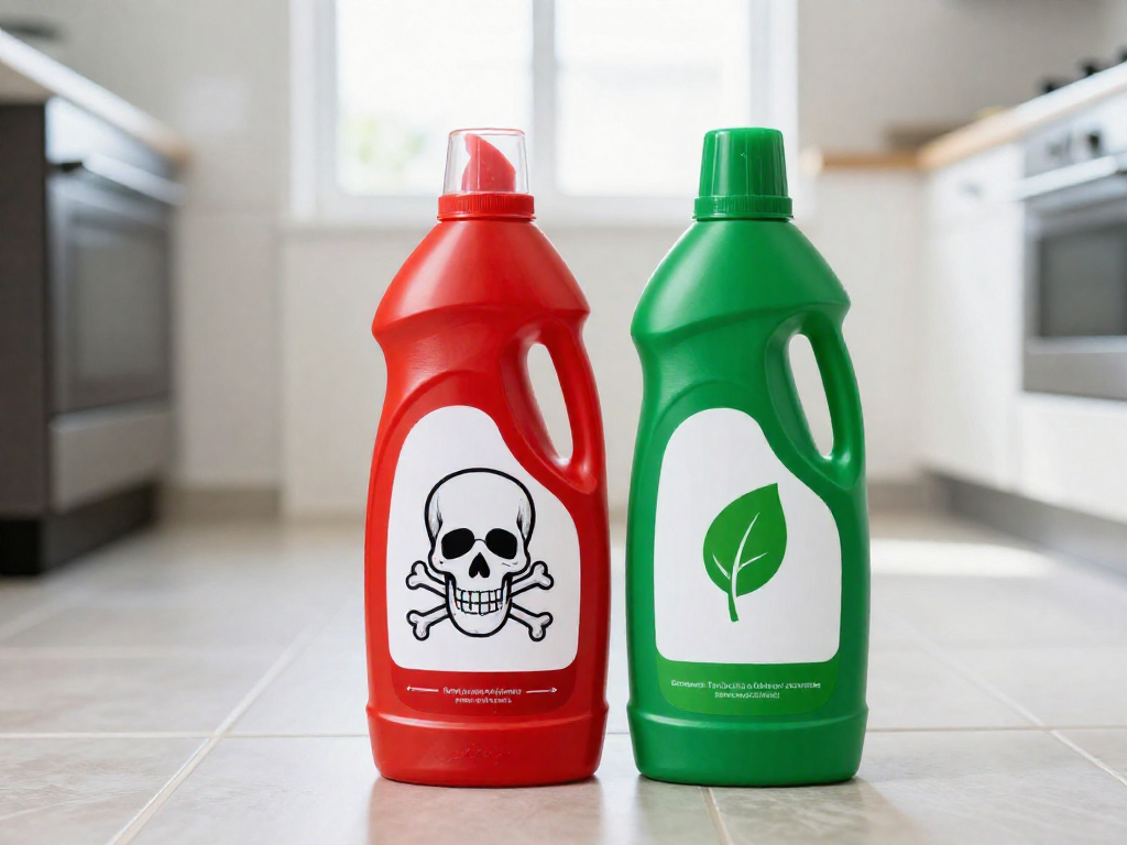 Two cleaning product bottles on a kitchen floor: a red bottle with a skull symbol and a green bottle with a leaf symbol.