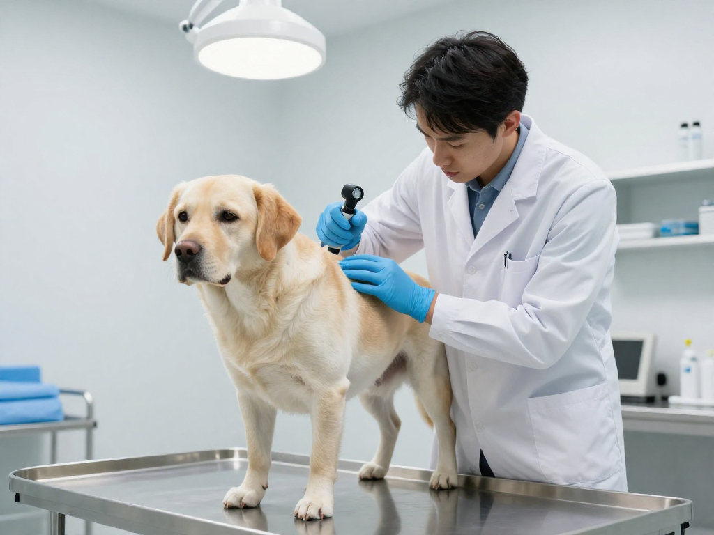 A veterinarian in a clinic examines the skin on a Labrador dog's back with a specialized instrument.