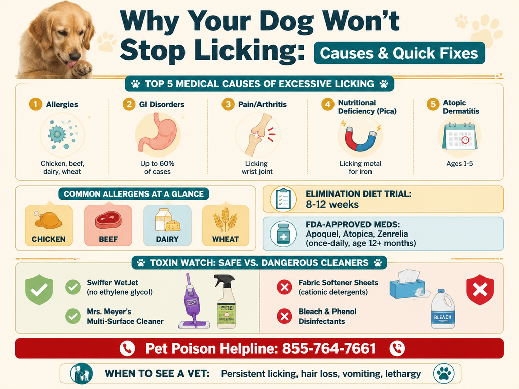 Infographic titled 'Why Your Dog Won't Stop Licking: Causes & Quick Fixes'. Lists top 5 medical causes: allergies to chicken, beef, dairy, wheat; GI disorders in up to 60% of dogs; pain/arthritis indicated by licking wrist; nutritional deficiency pica with licking metal; atopic dermatitis ages 1-5. Middle shows common allergens and elimination diet trial of 8-12 weeks, and FDA-approved meds Apoquel, Atopica, Zenrelia. Bottom compares safe cleaners (Swiffer, Mrs. Meyer's) versus dangerous (fabric softener sheets, bleach/phenols) and gives Pet Poison Helpline 855-764-7661. Footer advises when to see a vet: persistent licking, hair loss, vomiting, lethargy.