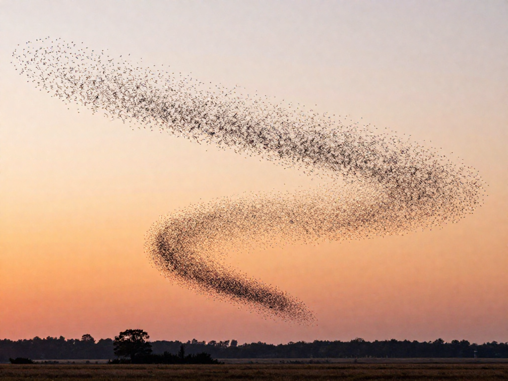 A large starling murmuration swirling in flowing shapes against a sunset sky