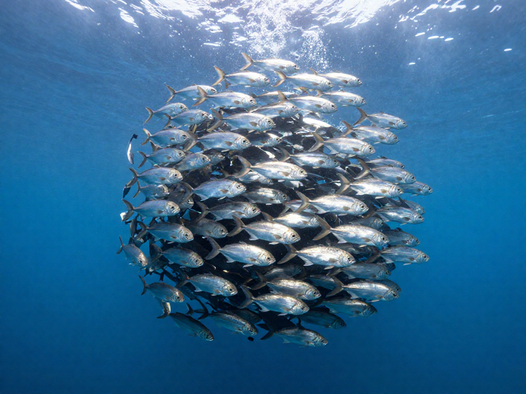 A tight bait ball of silver fish swirling around a lone predator underwater