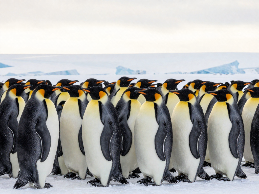 Emperor penguins huddling tightly together during an Antarctic snowstorm
