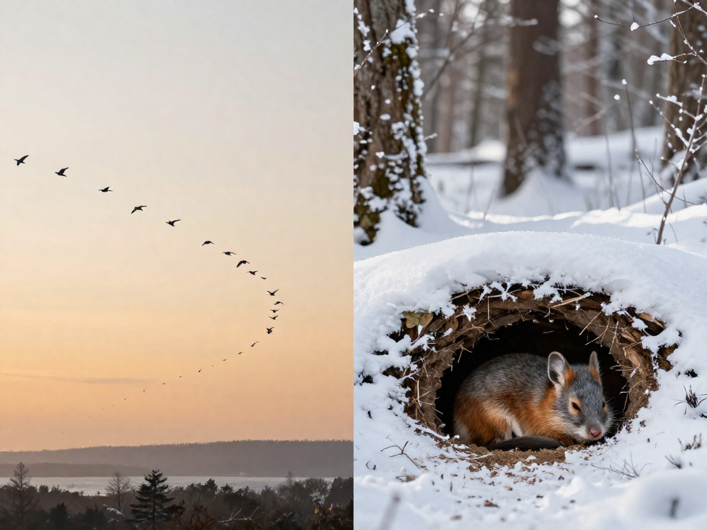 Split image showing migrating birds flying in V-formation on one side and a small mammal hibernating in a snowy burrow on the other