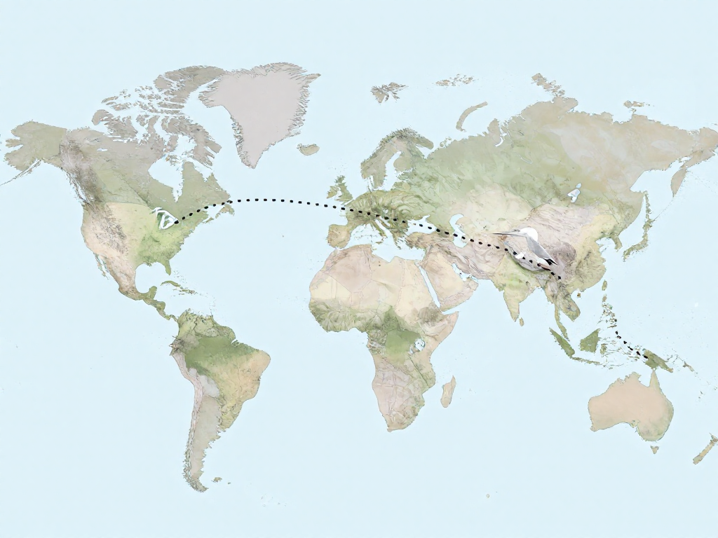 Bright map illustration tracing a bird's long-distance migration route from the Arctic to the southern hemisphere