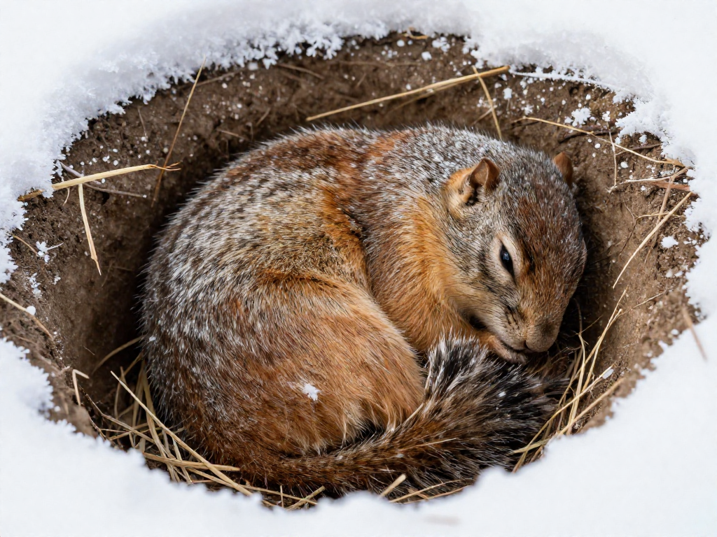 A ground squirrel curled into a ball asleep in torpor inside a cozy grass-lined burrow