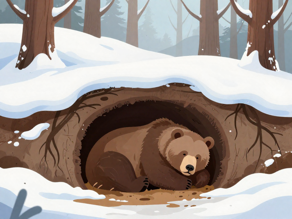 Cutaway illustration of a bear resting inside its earthen winter den beneath a snowy forest hillside