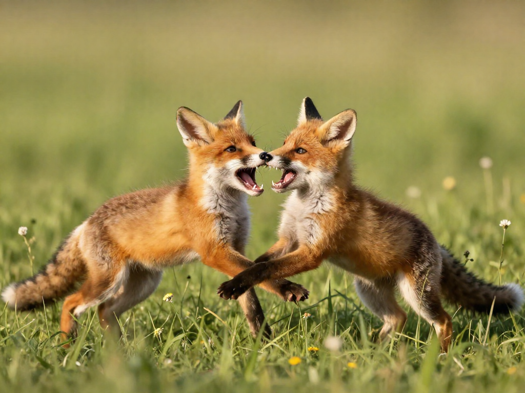Two red fox cubs play-fighting in a sunny wildflower meadow