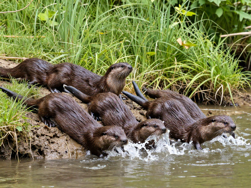 River otters sliding down a muddy riverbank into the water