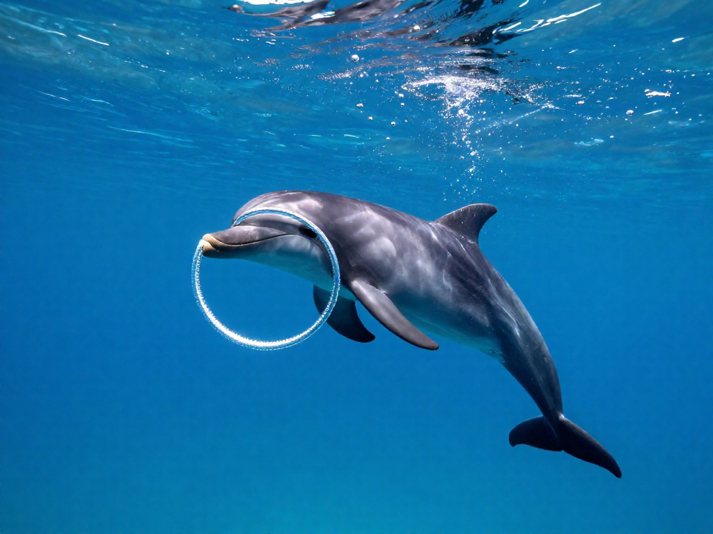 A dolphin blowing a silver bubble ring underwater in clear blue ocean