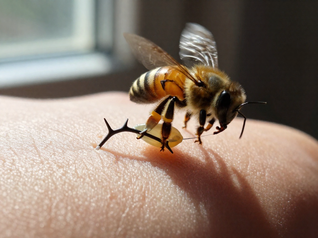 A honeybee pulling away after stinging, leaving its stinger and venom sac embedded in human skin, with the stinger visible in sharp detail.
