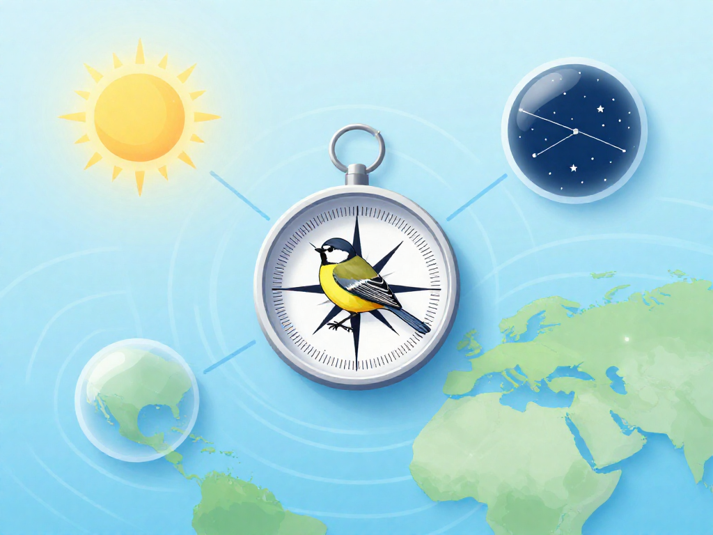 Infographic showing a bird navigating by the sun, stars, and Earth's magnetic field